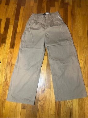 Cotton Wide Leg Khaki Trousers
